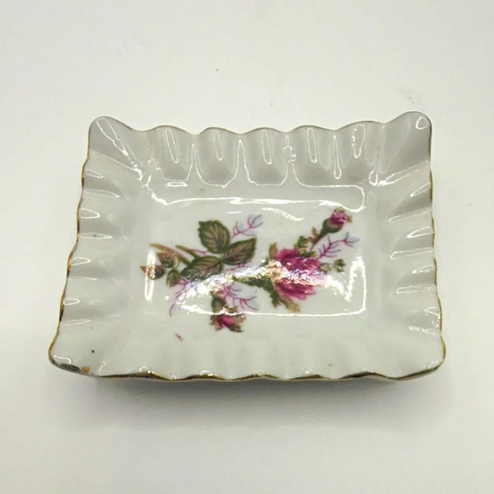 White Porcelain Rectangular Floral Trinket Dish, Pink/Green, Glossy